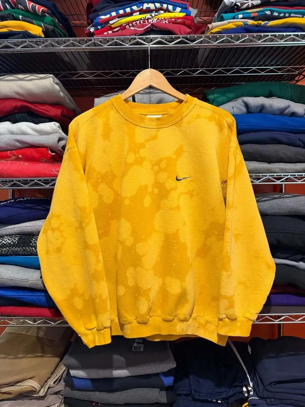 Vintage 90s Nike Crewneck Sweatshirt Yellow Bleach Dye Mini Swoosh Large